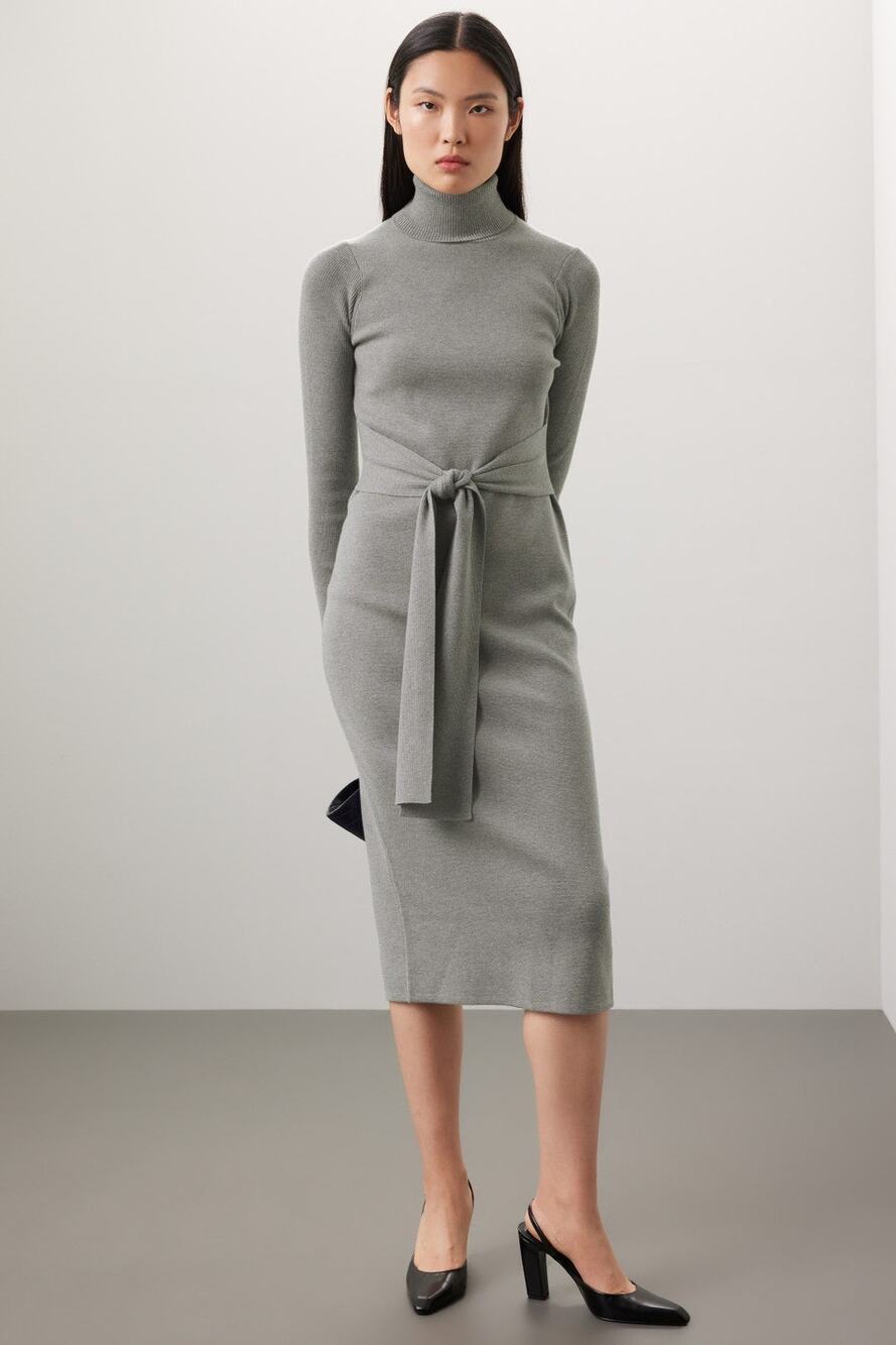 Toccin Gray Knit Tie Front Turtleneck Long Sleeve Sweater Midi Dress Sz M